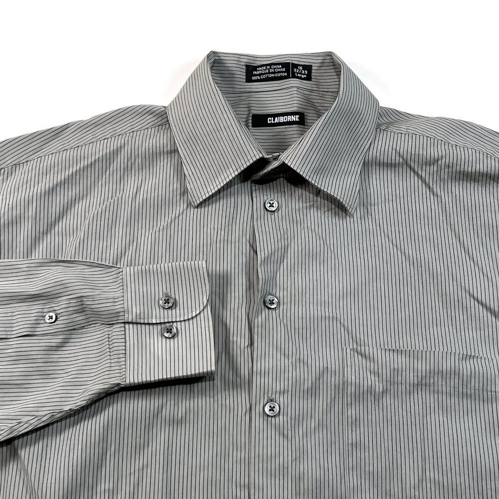 Claiborne Button Up Shirt Mens Large Long Sleeve Gray Striped Cotton 16 32 - 33